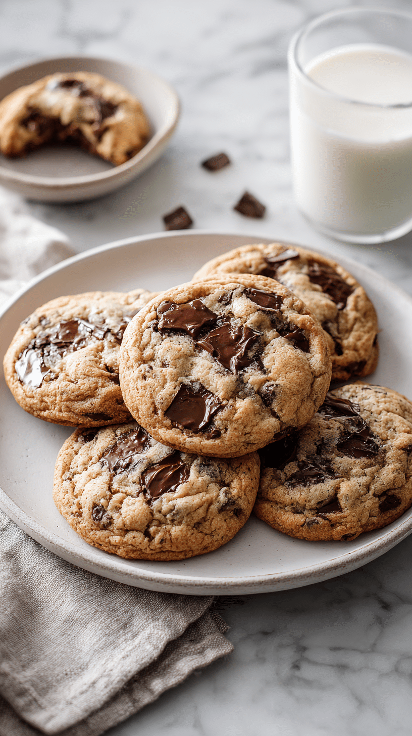 Chocolate Chip Cookie served on plate with glass of milk