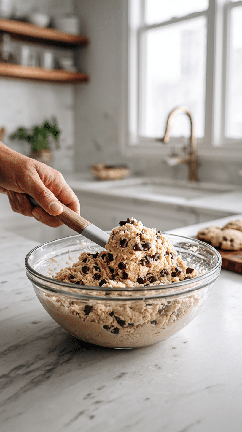 Chocolate Chip Cookie step 3: folding chocolate chips into dough for even distribution