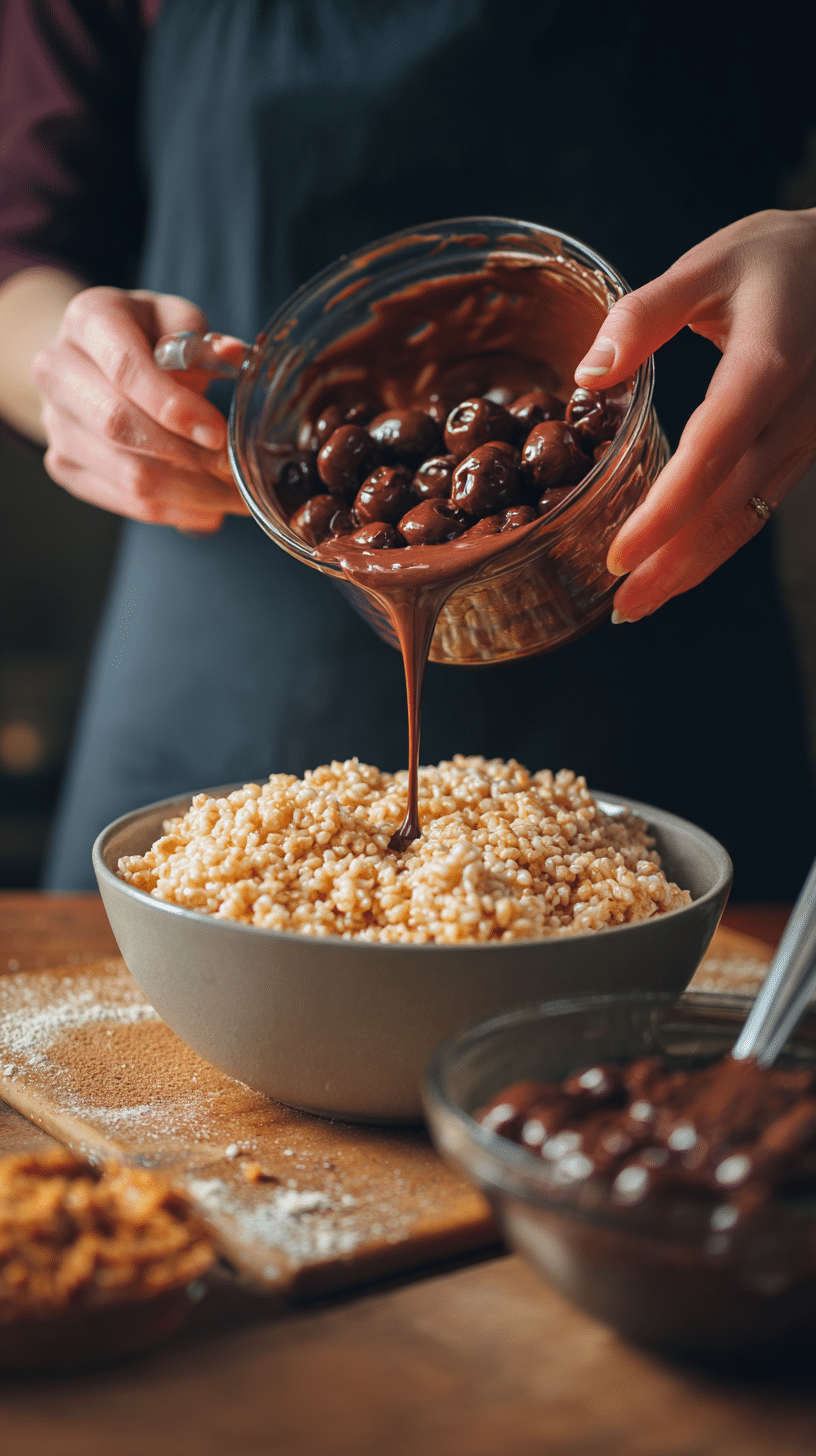 Preparing Chocolate Covered Cherry Rice Krispies Treats step by step cooking process