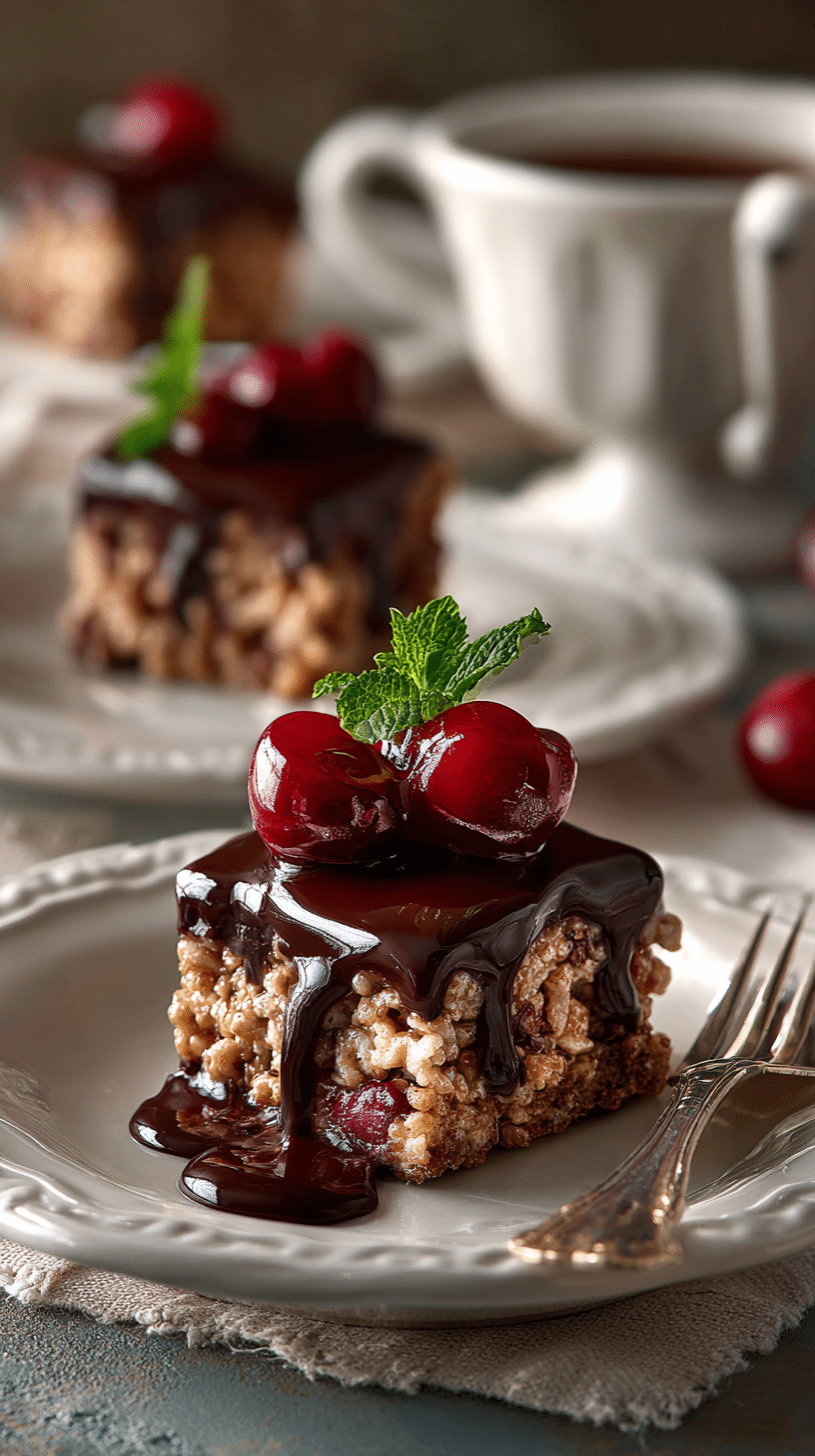 Chocolate Covered Cherry Rice Krispies Treats being served on beautiful dinnerware