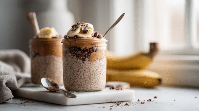 Chocolate Peanut Butter Protein Overnight Oats finished dish on elegant plate