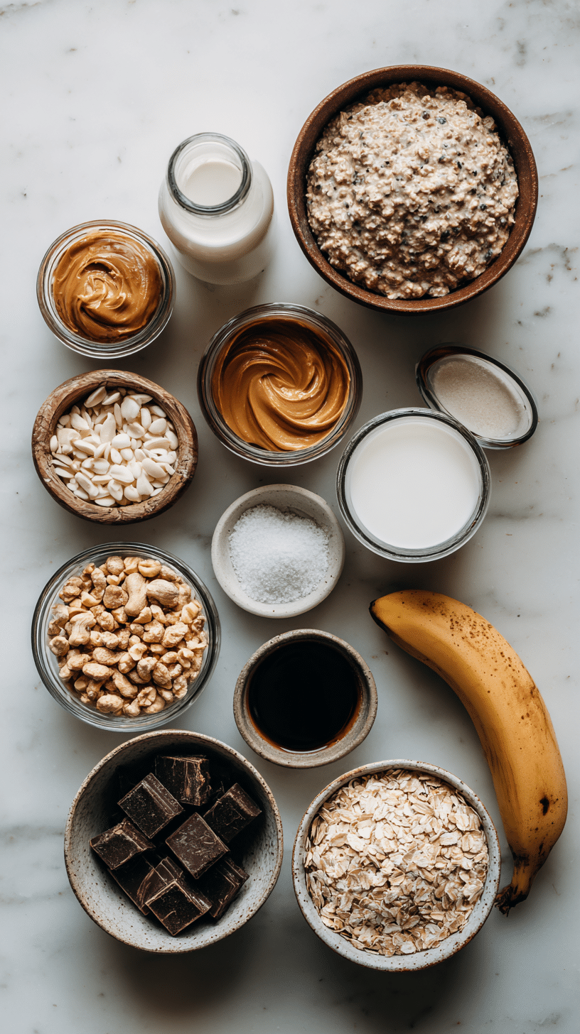 Chocolate Peanut Butter Protein Overnight Oats ingredients arranged on marble countertop