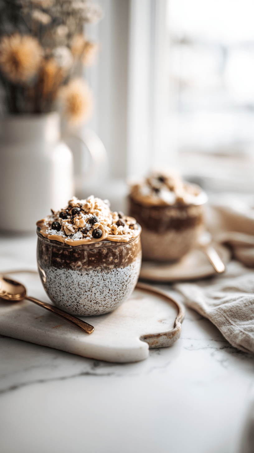 Chocolate Peanut Butter Protein Overnight Oats recipe card with complete instructions