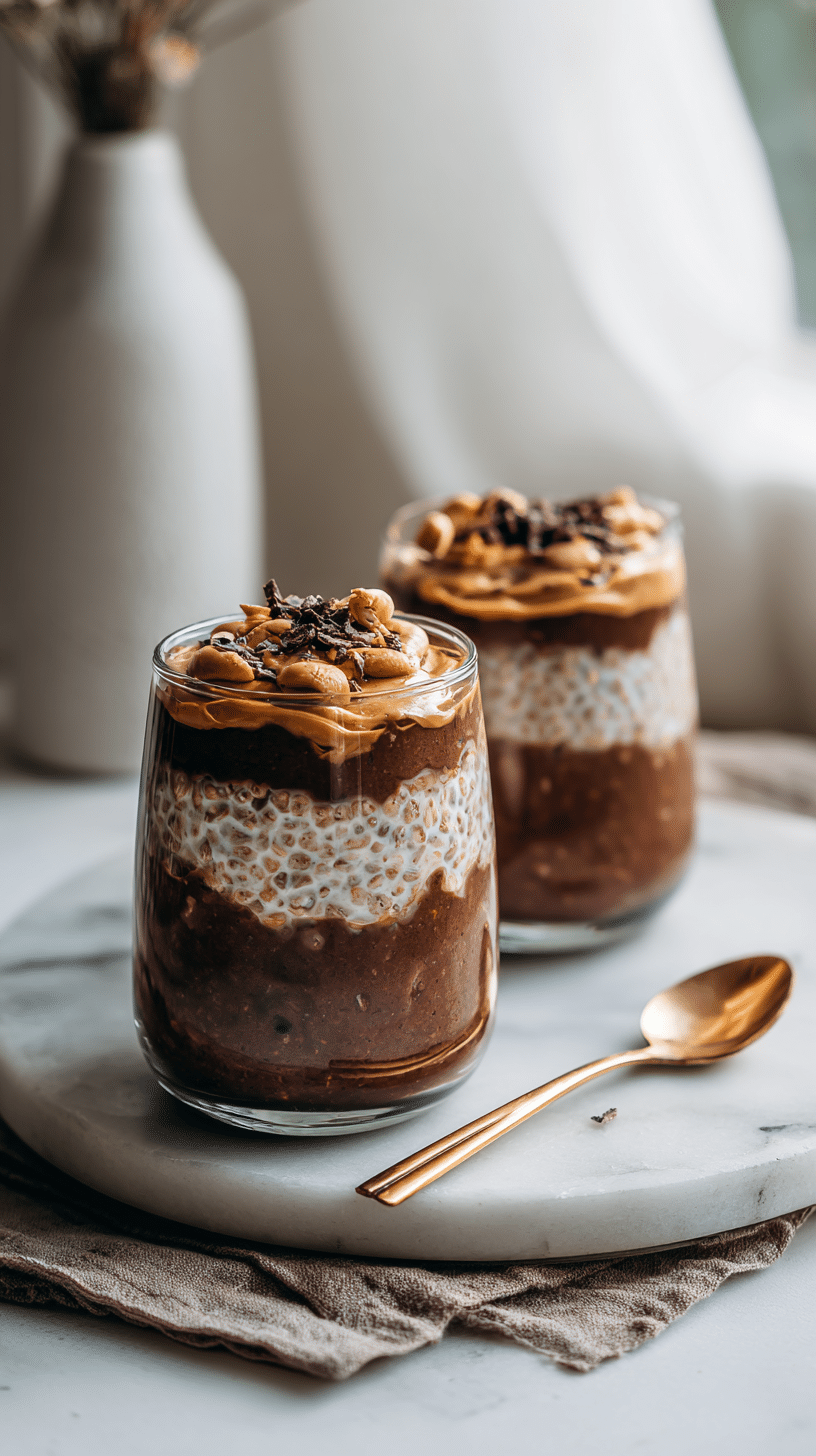Chocolate Peanut Butter Protein Overnight Oats being served on beautiful dinnerware