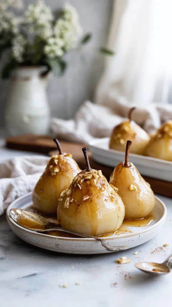 cinnamon maple baked pears served on plate with syrup drizzle