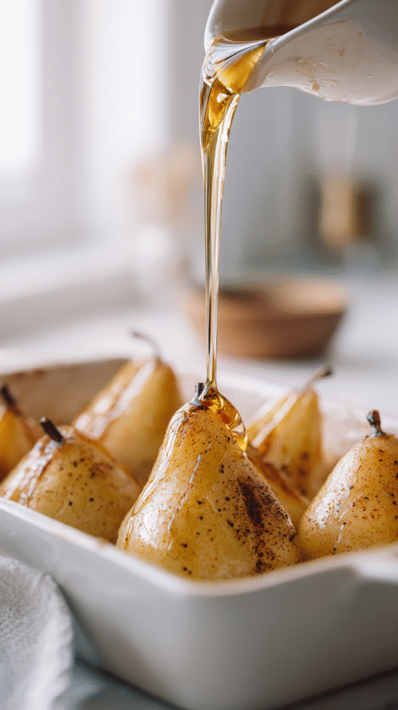 cinnamon maple glaze being poured over halved pears in baking dish