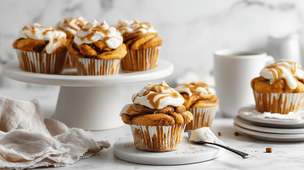 Cinnamon pumpkin roll muffins hero shot with cream cheese frosting on white marble countertop