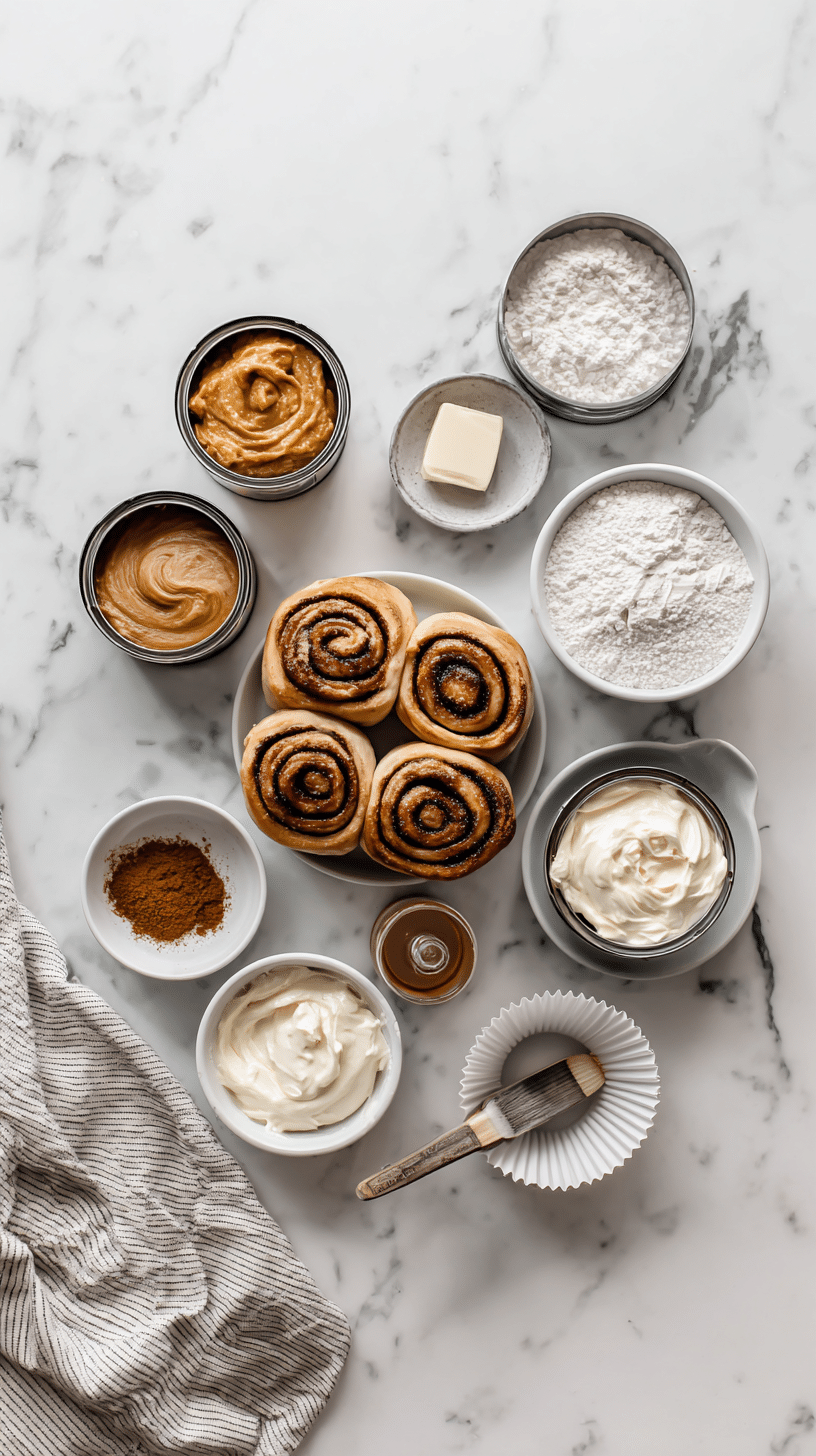 Ingredients for Cinnamon pumpkin roll muffins arranged on marble countertop