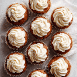 Top-down view of Cinnamon pumpkin roll muffins with cream cheese frosting