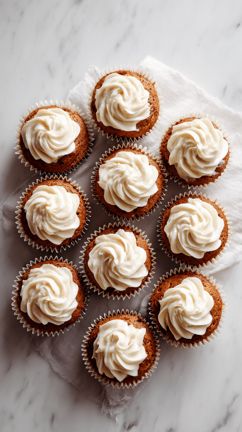 Top-down view of Cinnamon pumpkin roll muffins with cream cheese frosting
