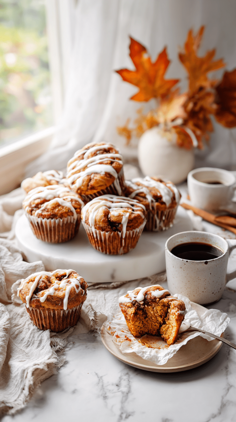 Cinnamon pumpkin roll muffins served with cream cheese frosting and coffee