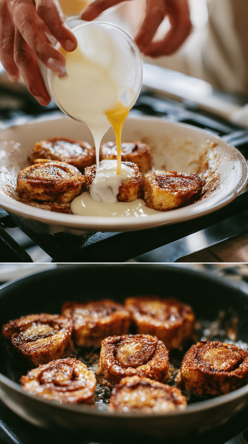 Preparing Cinnamon Roll French Toast Bites step by step cooking process