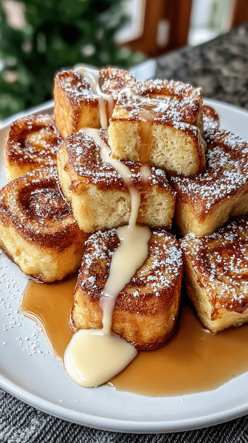 Cinnamon Roll French Toast Bites being served on beautiful dinnerware
