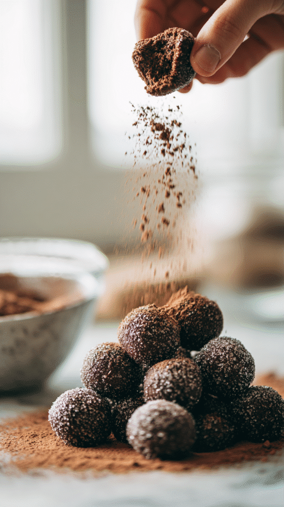 coating black velvet cheesecake cookies in cocoa sugar