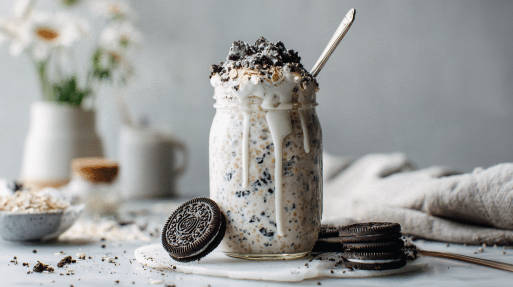 Cookies and Cream Protein Overnight Oats hero shot in glass jar with crushed cookies and white chocolate on marble countertop