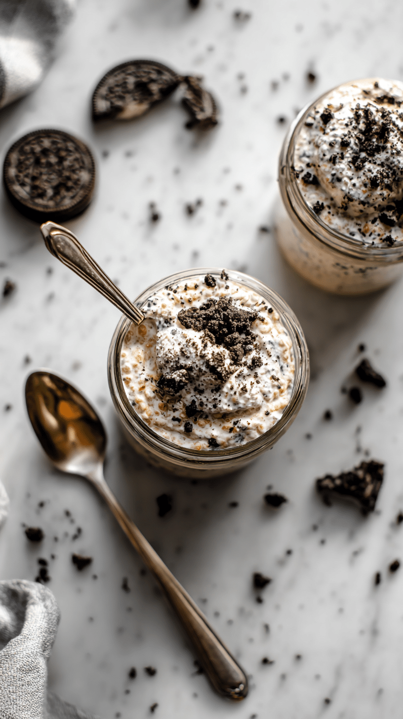 Cookies and Cream Protein Overnight Oats top-down view in glass jar on marble countertop