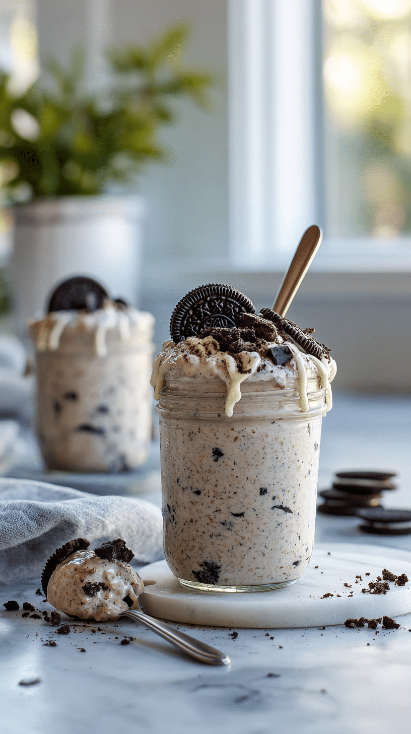 Cookies and Cream Protein Overnight Oats served in jar with crushed cookies and white chocolate drizzle