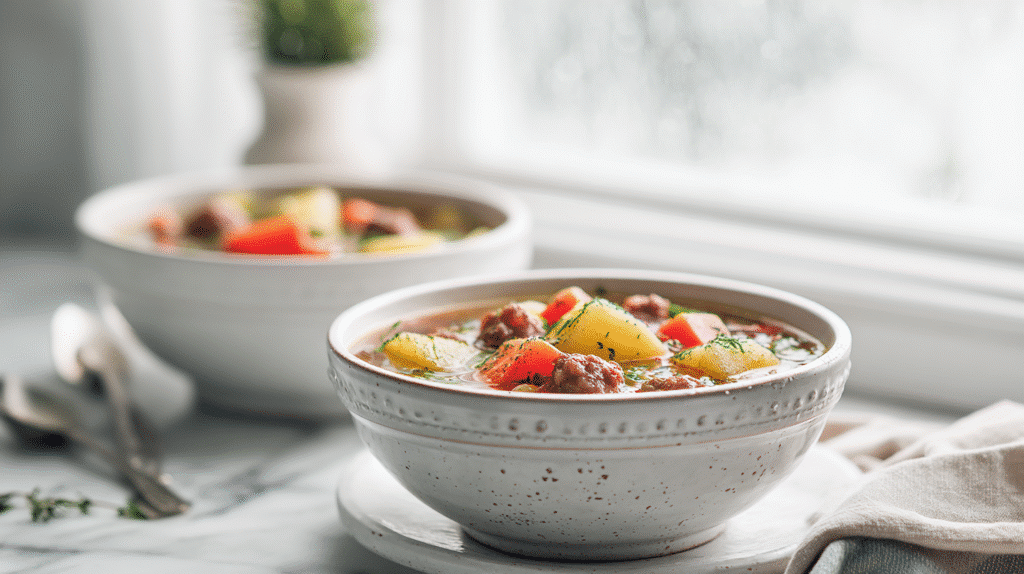 Cozy Italian Sausage and Potato Soup finished dish on elegant plate
