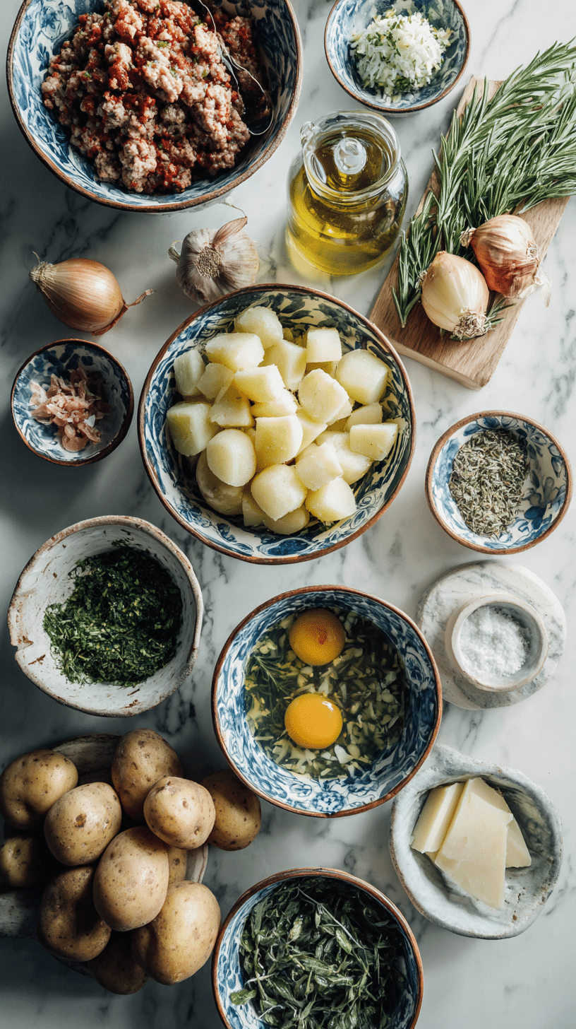 Cozy Italian Sausage and Potato Soup ingredients arranged on marble countertop