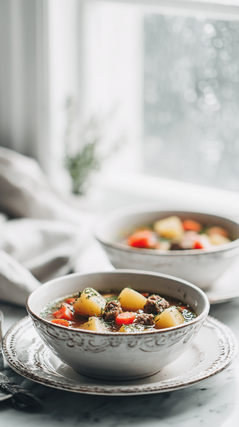 Cozy Italian Sausage and Potato Soup being served on beautiful dinnerware