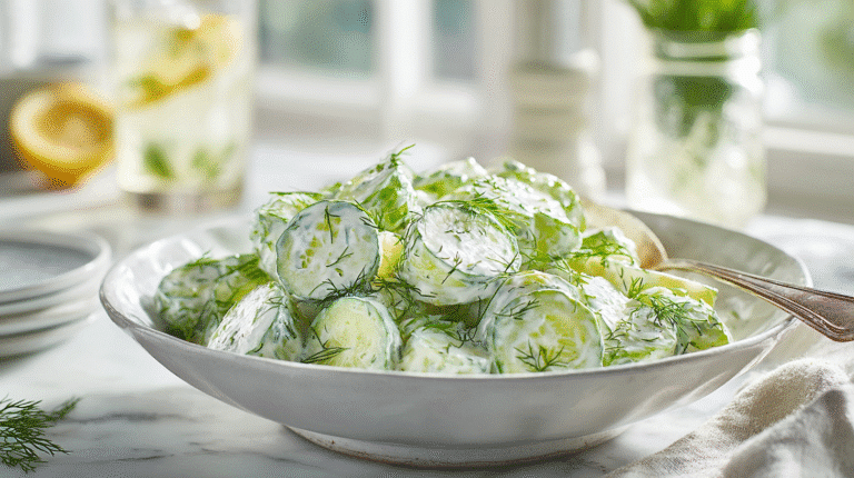 Creamy Cucumber Salad hero shot in a white bowl with fresh dill and creamy dressing