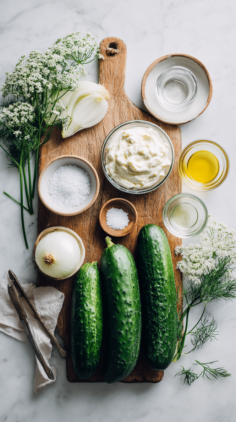 Ingredients for Creamy Cucumber Salad arranged on marble countertop