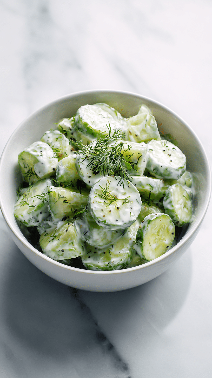 Top-down view of Creamy Cucumber Salad in a white bowl with dill