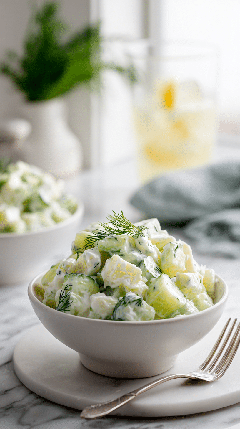 Serving of Creamy Cucumber Salad in a white bowl with dill garnish