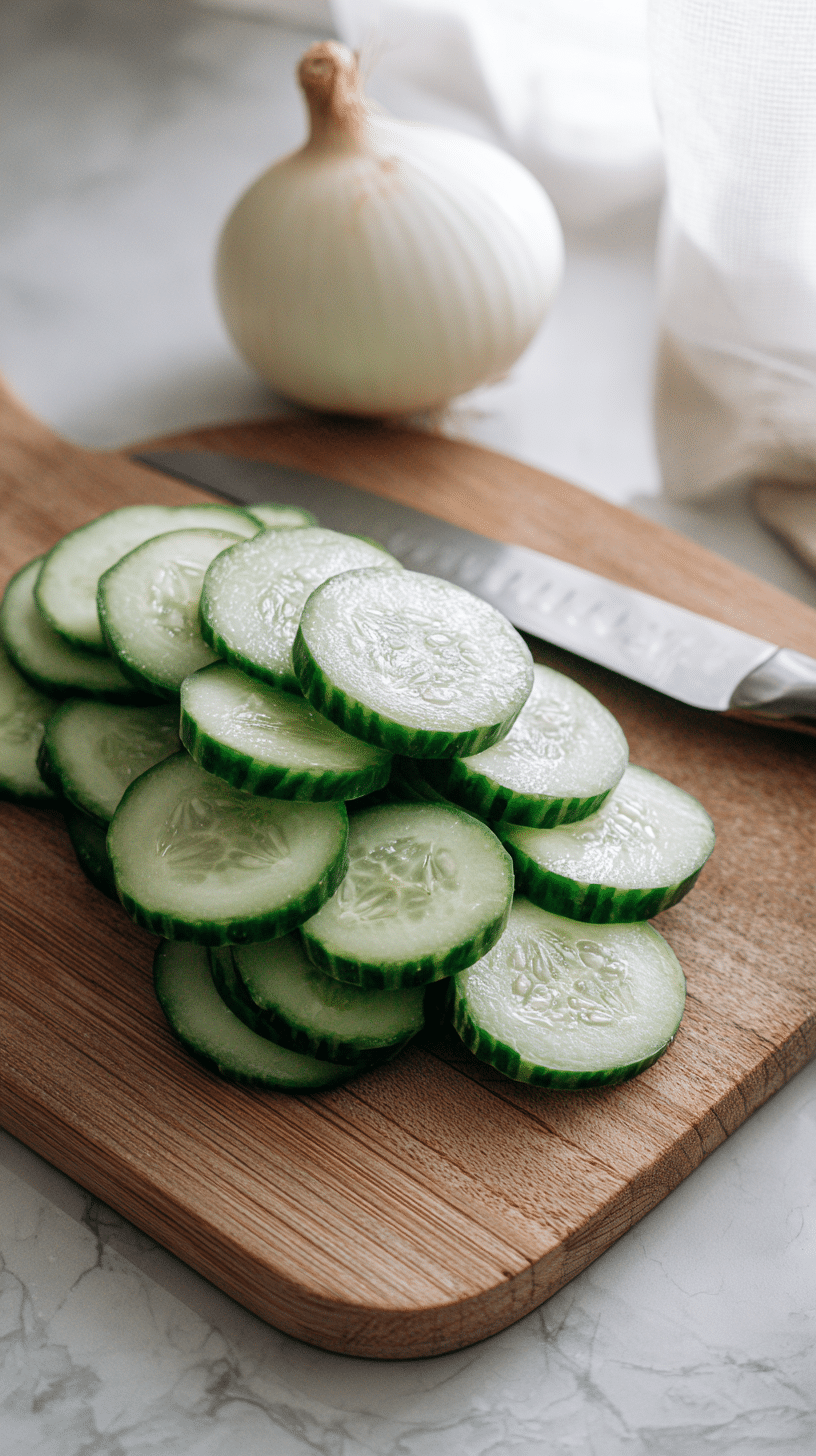 Slicing cucumbers for Creamy Cucumber Salad on a wooden cutting board