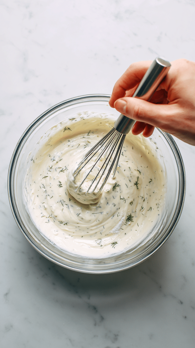 Whisking creamy dressing for Creamy Cucumber Salad in a glass bowl