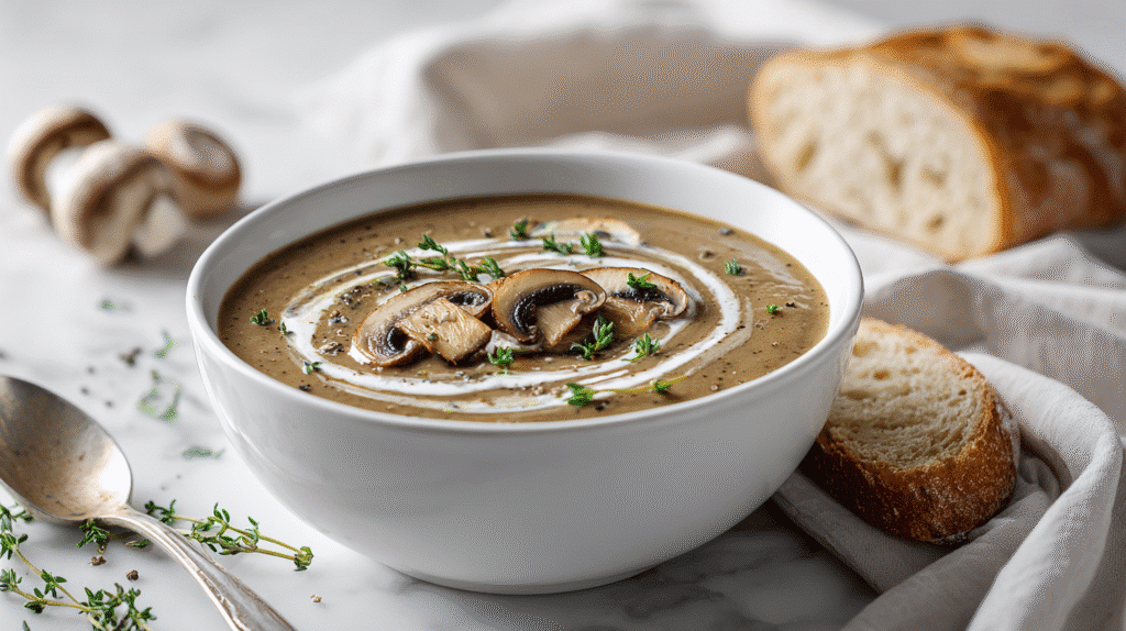 Creamy Mushroom Soup hero shot in a white bowl with cream swirl and thyme, served with rustic bread