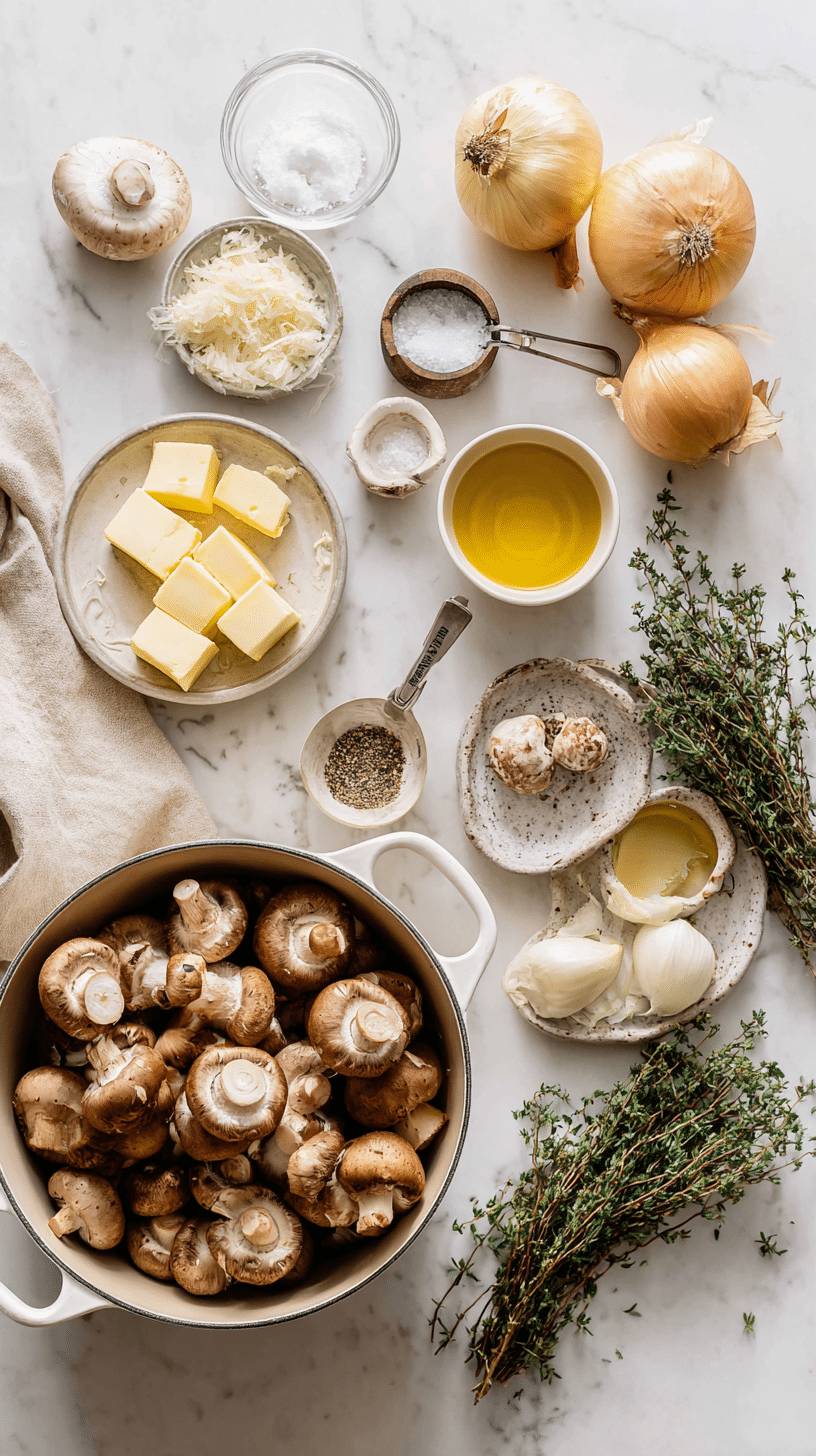 Ingredients for Creamy Mushroom Soup arranged on marble countertop
