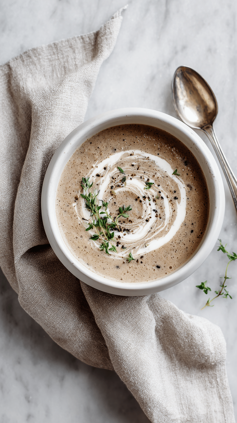 Creamy Mushroom Soup top-down view in a bowl with cream and thyme