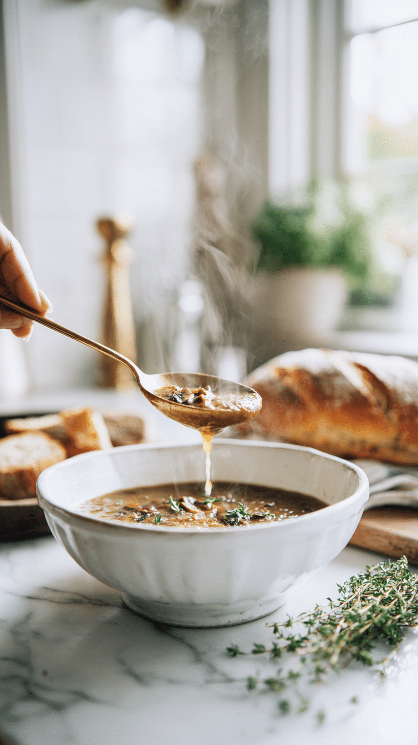 Serving Creamy Mushroom Soup into a bowl with bread and thyme