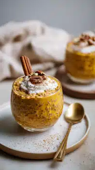 Creamy Pumpkin Spice Overnight Oats being served on beautiful dinnerware