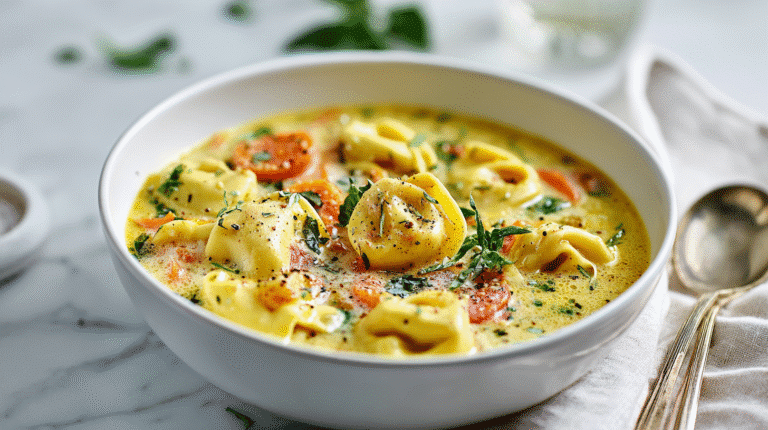 Creamy Tortellini Soup finished dish on elegant plate