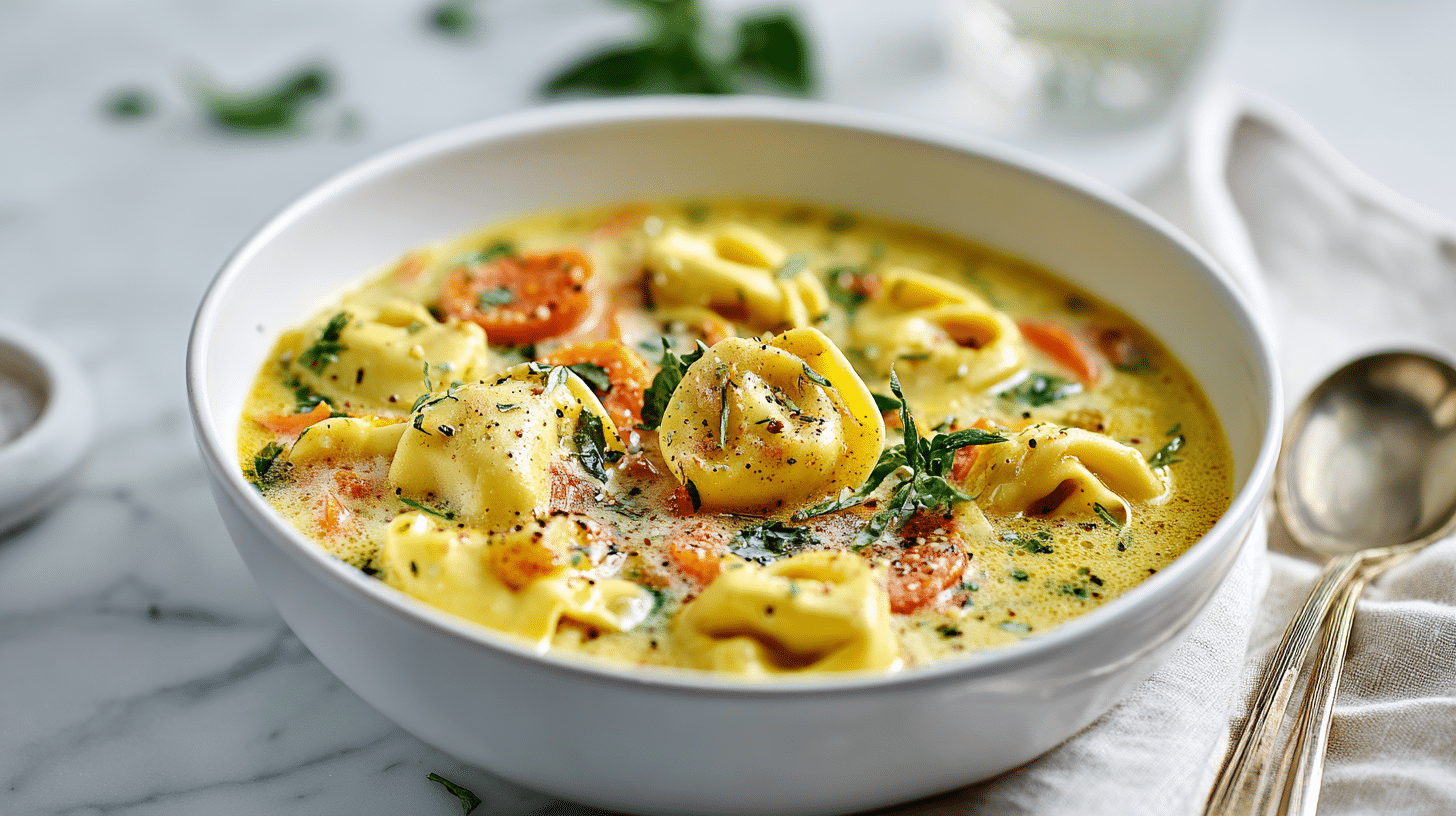 Creamy Tortellini Soup finished dish on elegant plate