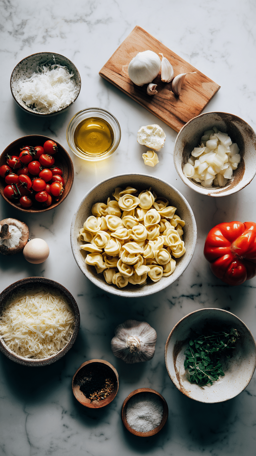 Creamy Tortellini Soup ingredients arranged on marble countertop