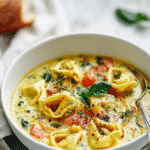 Creamy Tortellini Soup recipe card with complete instructions