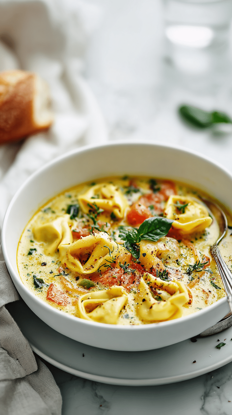 Creamy Tortellini Soup recipe card with complete instructions