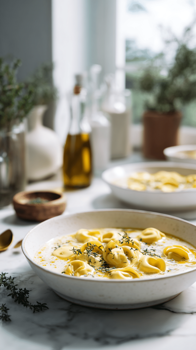 Creamy Tortellini Soup being served on beautiful dinnerware