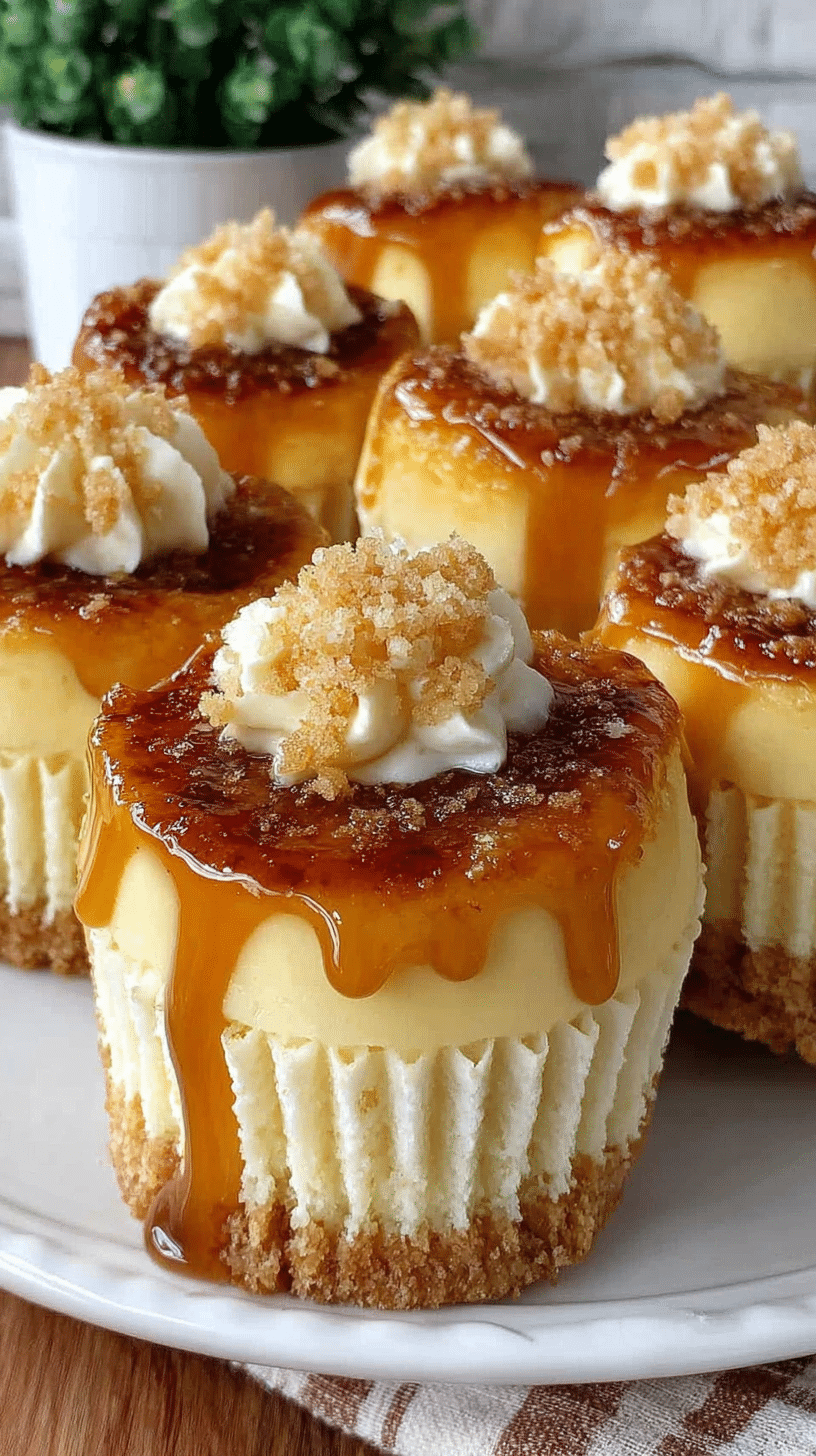Crème Brûlée Cheesecake Cupcakes being served on beautiful dinnerware