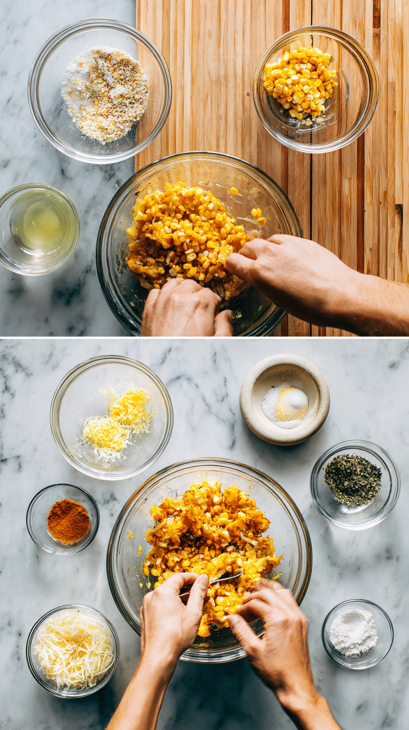 Preparing Crispy cheesy corn fritters step by step cooking process