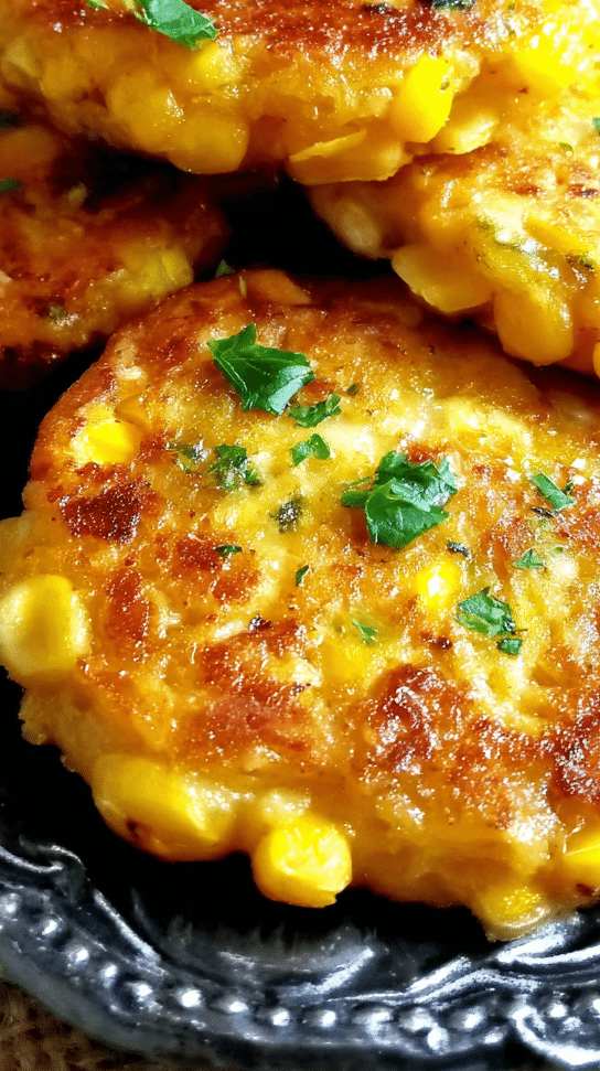 Crispy cheesy corn fritters being served on beautiful dinnerware