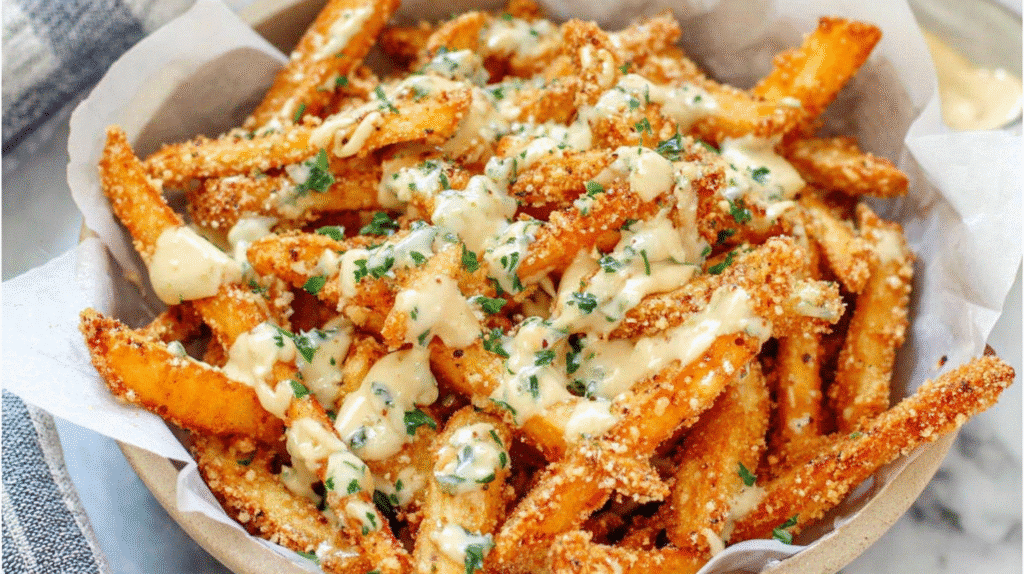 Hero shot of Crispy Louisiana Voodoo Fries with cheese sauce and Cajun seasoning