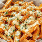 Hero shot of Crispy Louisiana Voodoo Fries with cheese sauce and Cajun seasoning