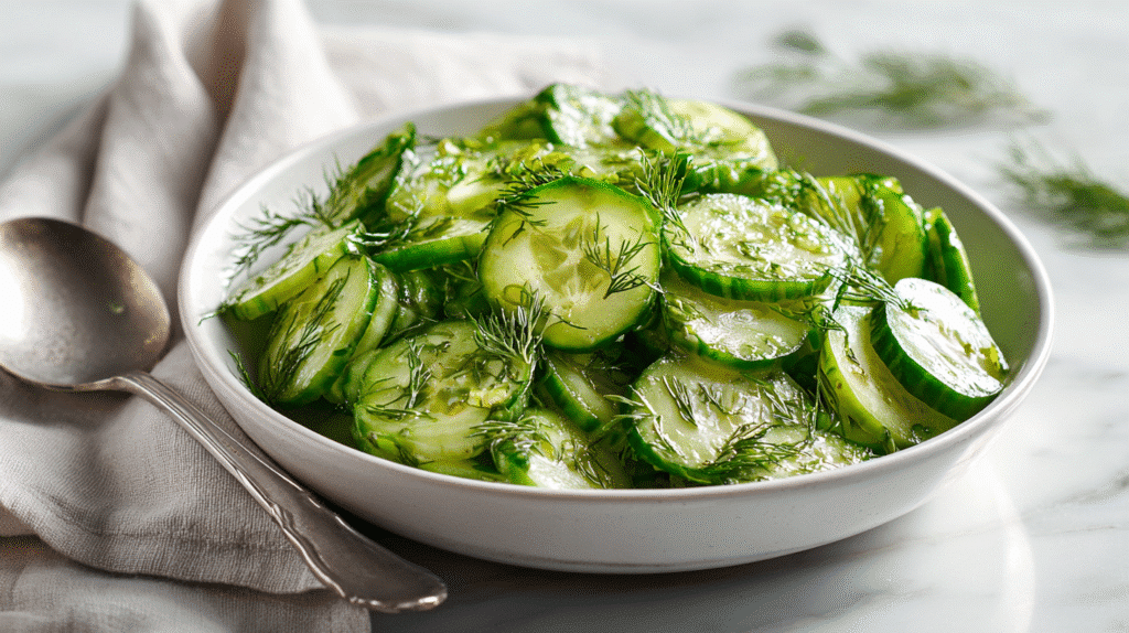Cucumber Salad with Dill Recipe hero shot in a white bowl with fresh dill and tangy dressing