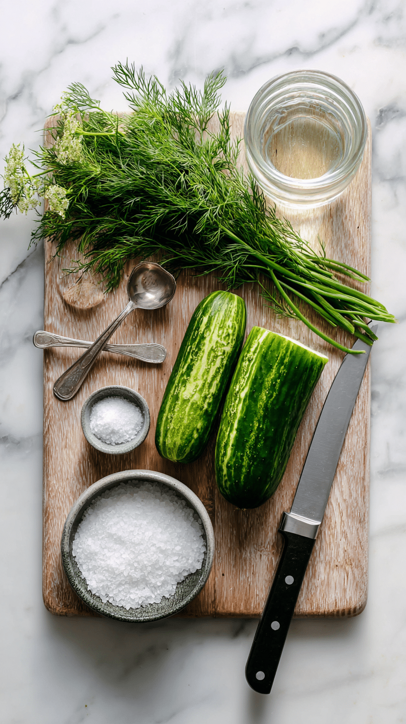 Ingredients for Cucumber Salad with Dill Recipe arranged on marble countertop
