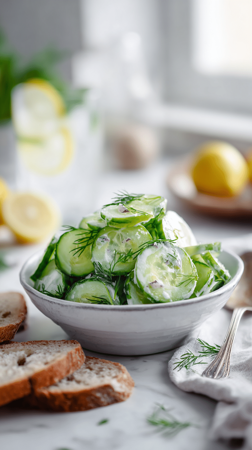 Serving suggestion for Cucumber Salad with Dill Recipe with lemonade and bread