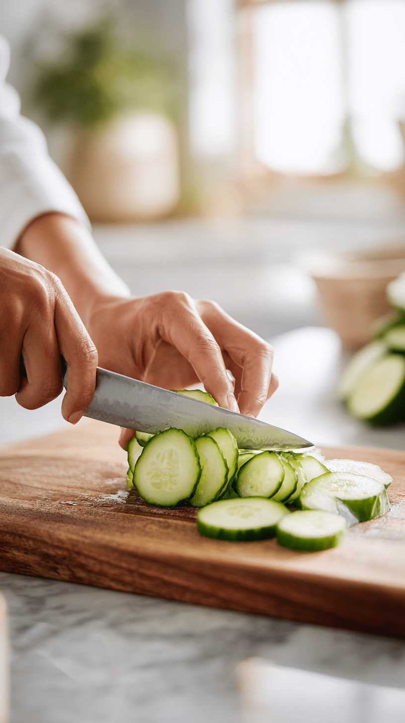 Slicing cucumber into thin rounds for Cucumber Salad with Dill Recipe
